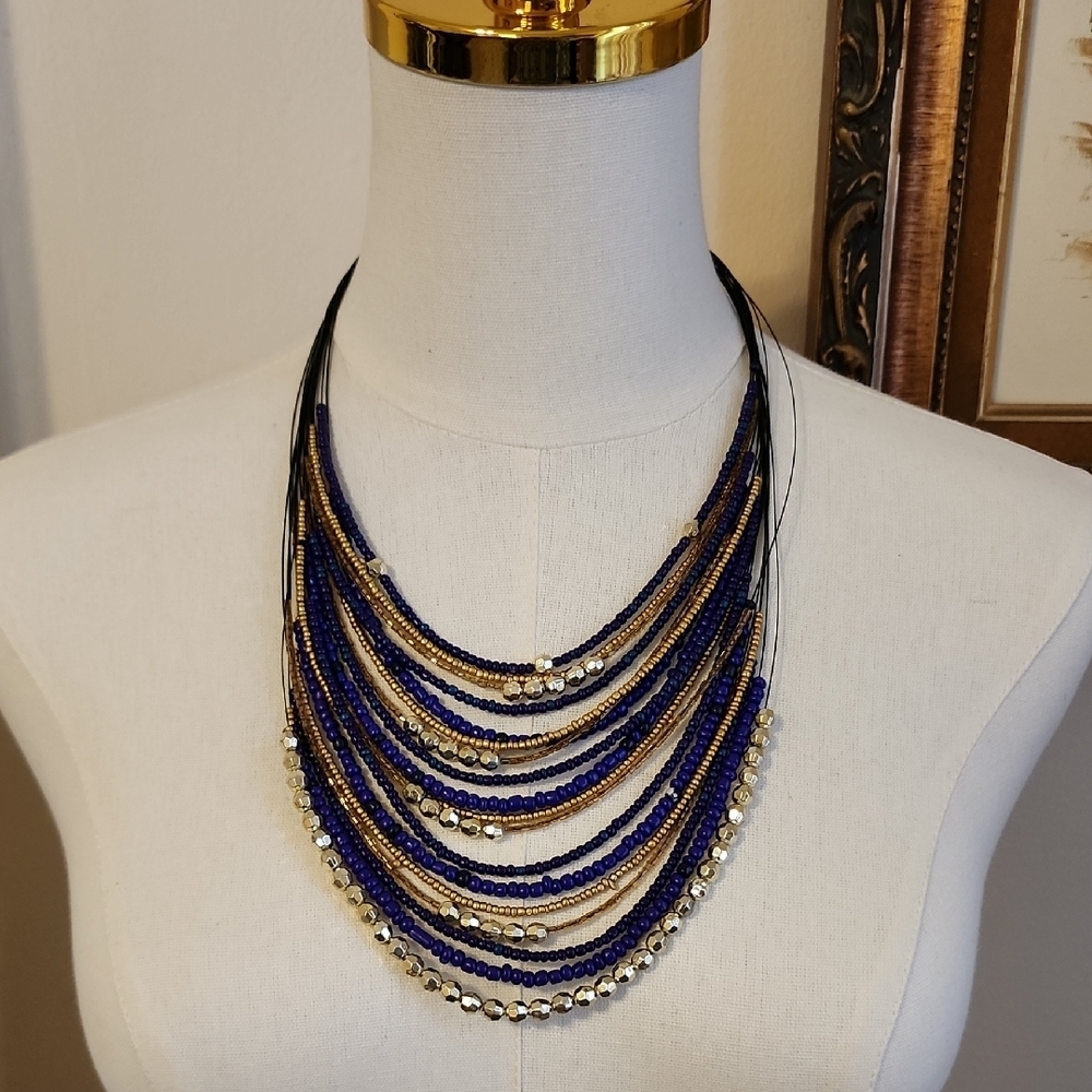 Multi-Strand Navy Blue and Gold Beaded Necklace - Women Jewelry